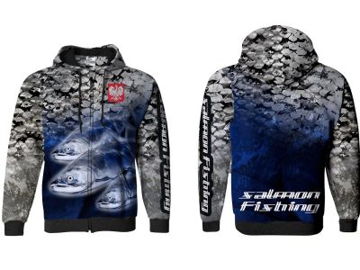 BLUZA Z KAPTUREM I ZAMKIEM SALMON FISHING (silver-blue)