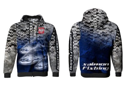 BLUZA Z KAPTUREM I ZAMKIEM SALMON FISHING (silver-blue)